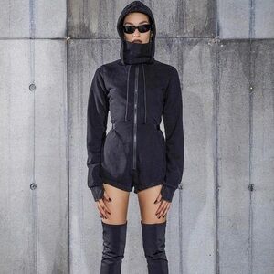 $89 Darker Ways SNARE LONG SLEEVE HOODED MASK ROMPER